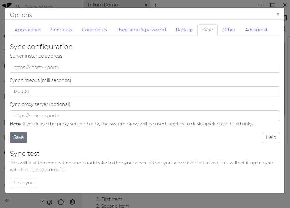 screenshot of the sync settings options modal