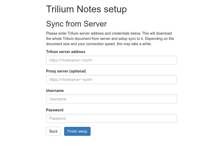 screenshot of the sync from server setup page